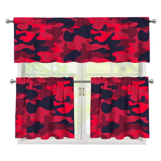 Red Pink And Black Camouflage Print 3 Piece Kitchen Curtains