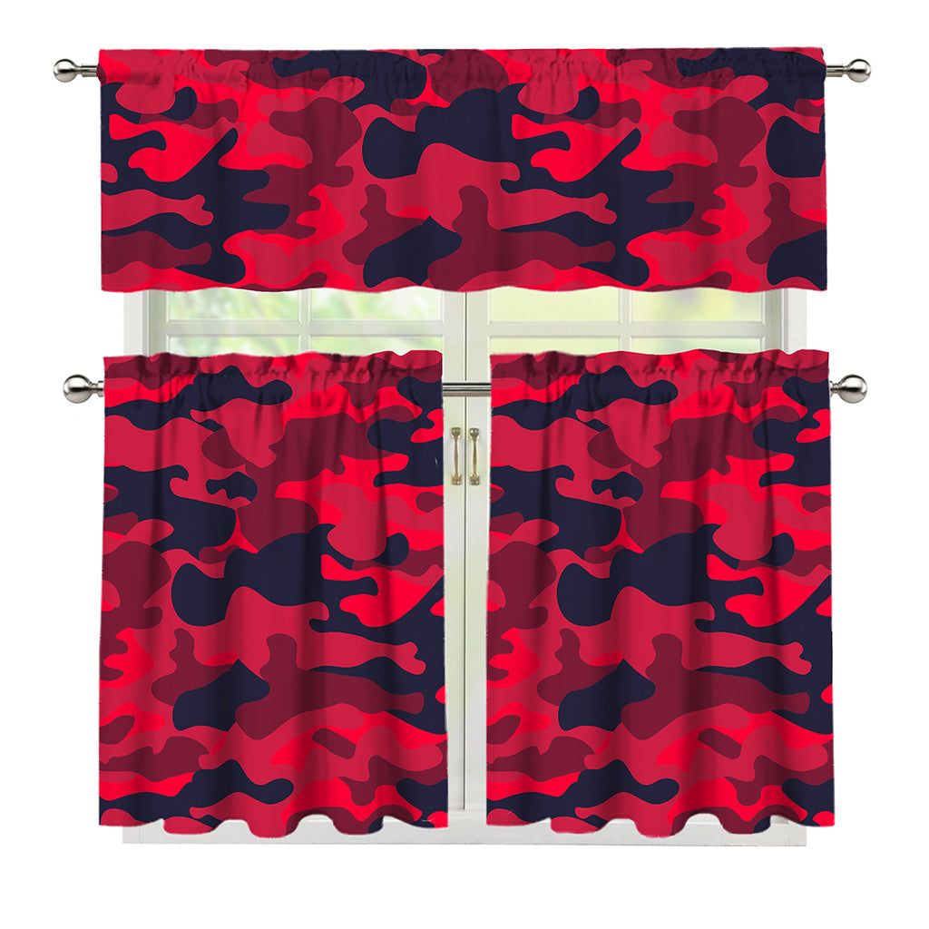 Red Pink And Black Camouflage Print 3 Piece Kitchen Curtains