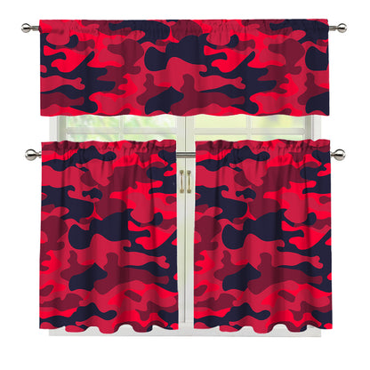 Red Pink And Black Camouflage Print 3 Piece Kitchen Curtains
