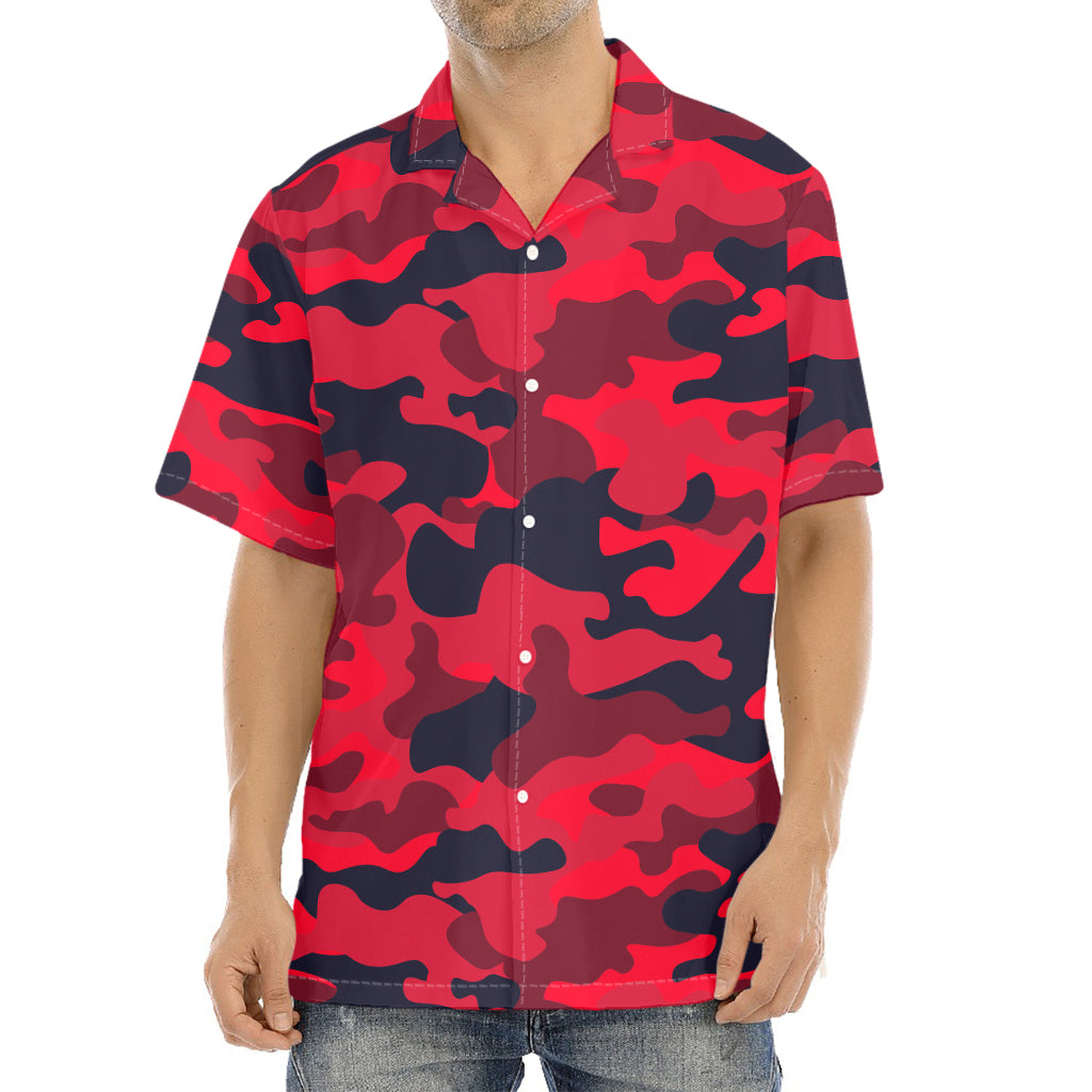 Red Pink And Black Camouflage Print Aloha Shirt