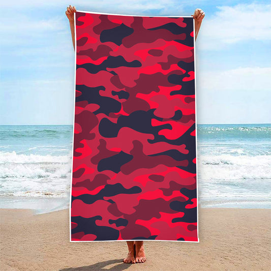 Red Pink And Black Camouflage Print Beach Towel