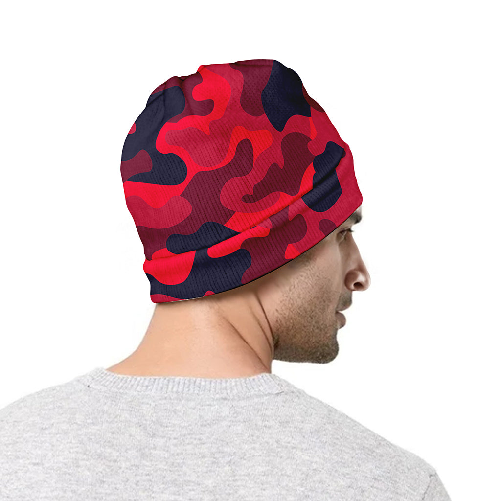 Red Pink And Black Camouflage Print Beanie