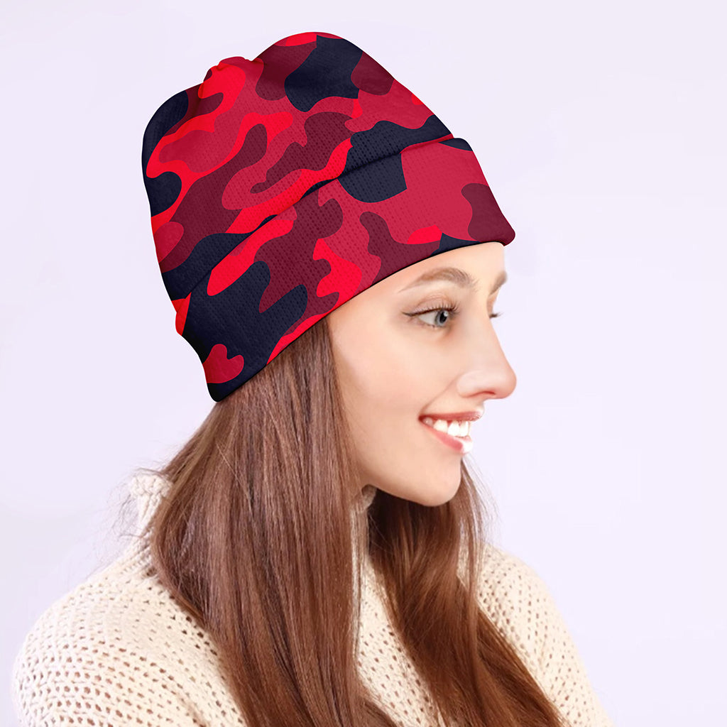 Red Pink And Black Camouflage Print Beanie