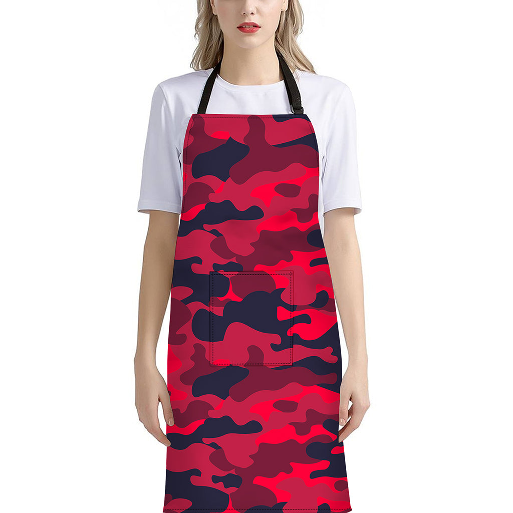 Red Pink And Black Camouflage Print Bib Apron With Pocket