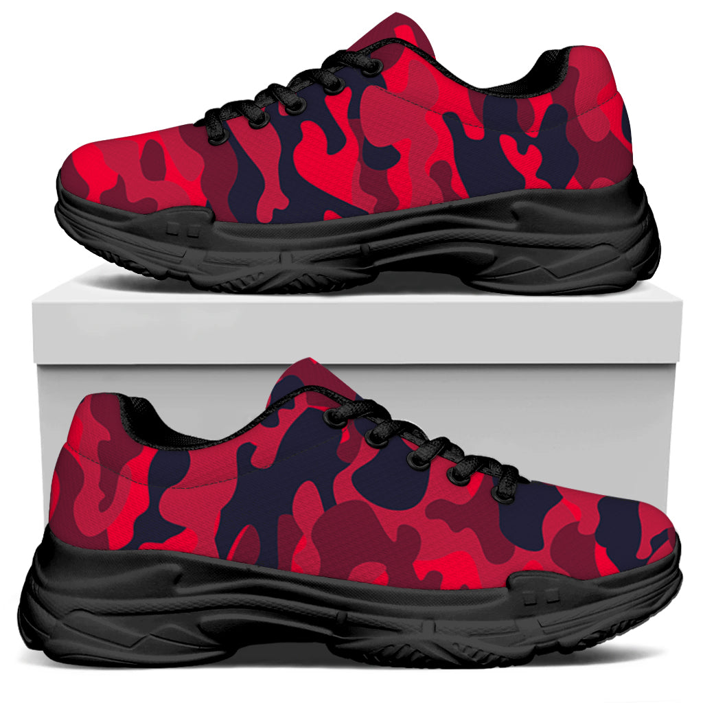 Red Pink And Black Camouflage Print Black Chunky Shoes