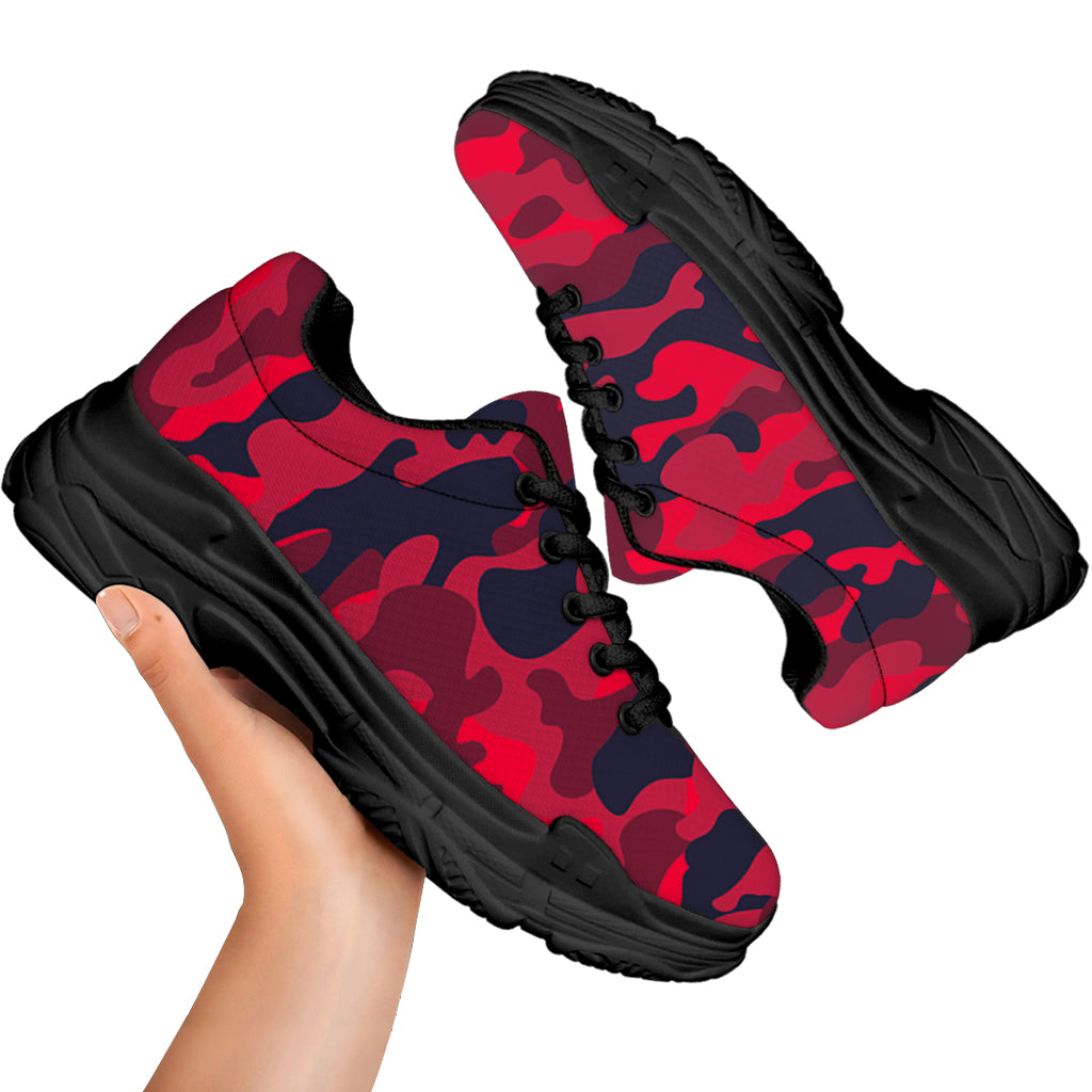 Red Pink And Black Camouflage Print Black Chunky Shoes