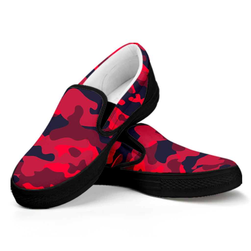 Red Pink And Black Camouflage Print Black Slip On Sneakers
