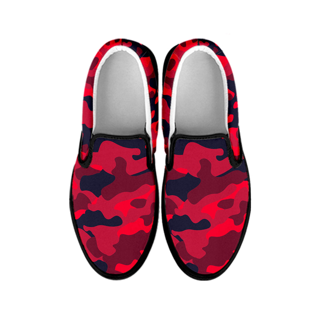 Red Pink And Black Camouflage Print Black Slip On Sneakers