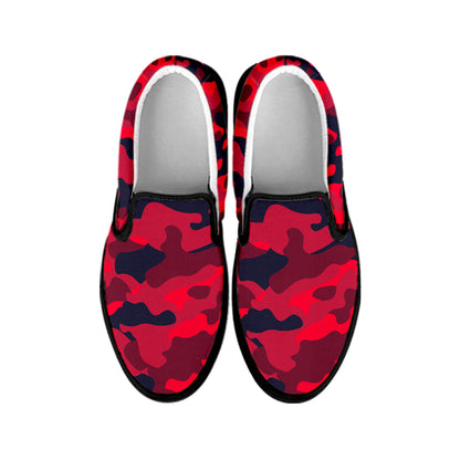 Red Pink And Black Camouflage Print Black Slip On Sneakers