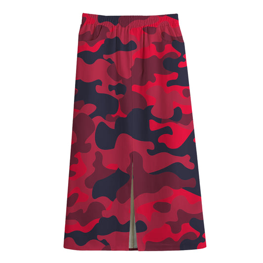 Red Pink And Black Camouflage Print Cotton Front Slit Maxi Skirt