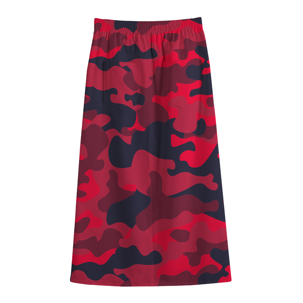 Red Pink And Black Camouflage Print Cotton Front Slit Maxi Skirt