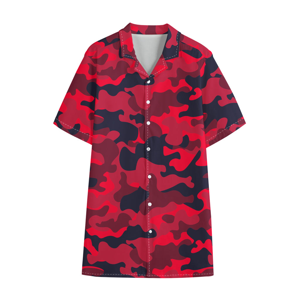 Red Pink And Black Camouflage Print Cotton Hawaiian Shirt