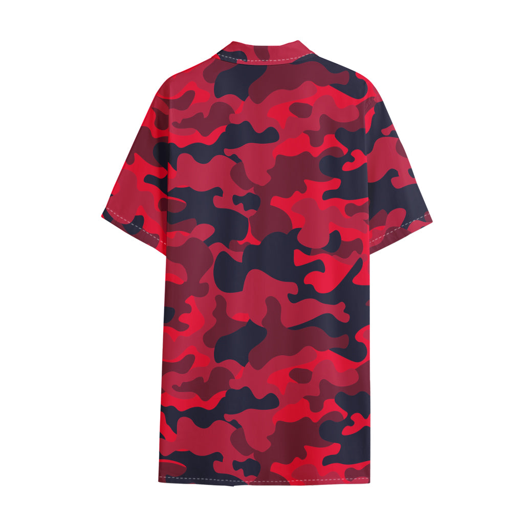 Red Pink And Black Camouflage Print Cotton Hawaiian Shirt