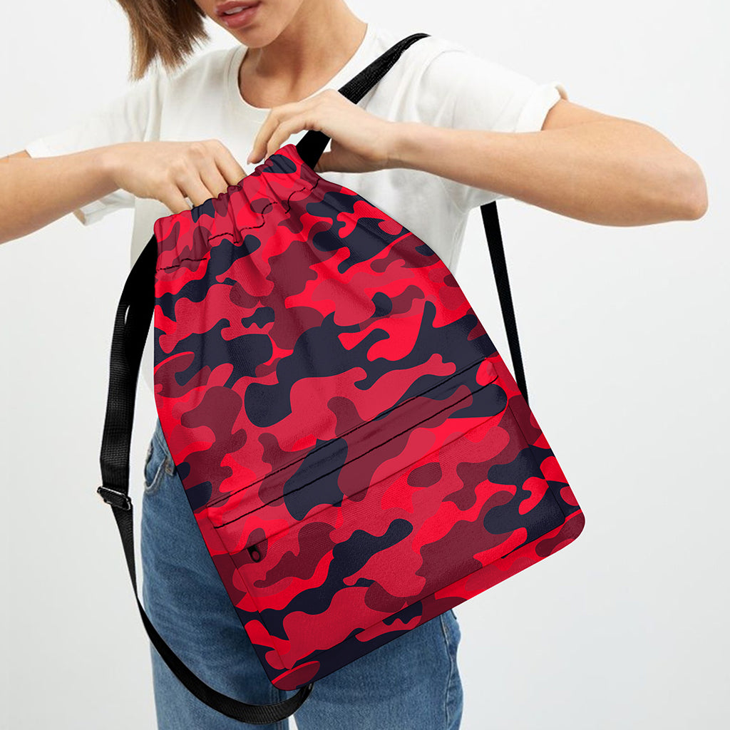 Red Pink And Black Camouflage Print Drawstring Backpack