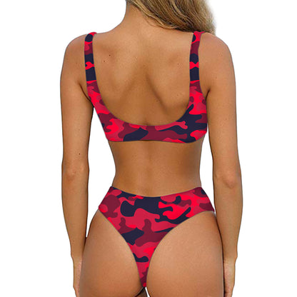 Red Pink And Black Camouflage Print Front Bow Tie Bikini