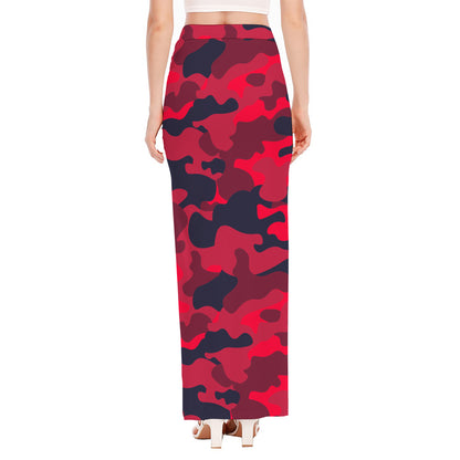Red Pink And Black Camouflage Print High Slit Maxi Skirt