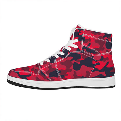 Red Pink And Black Camouflage Print High Top Leather Sneakers