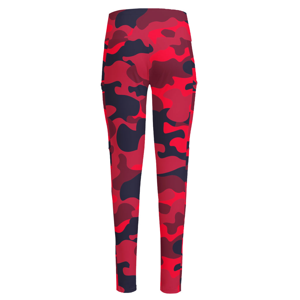 Red Pink And Black Camouflage Print High-Waisted Pocket Leggings