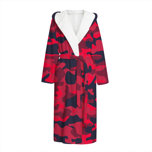 Red Pink And Black Camouflage Print Hooded Bathrobe
