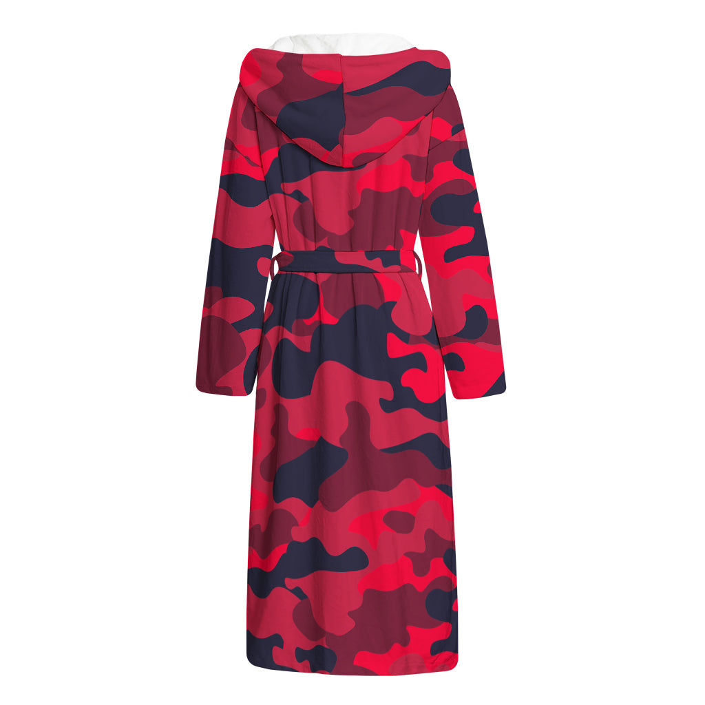 Red Pink And Black Camouflage Print Hooded Bathrobe