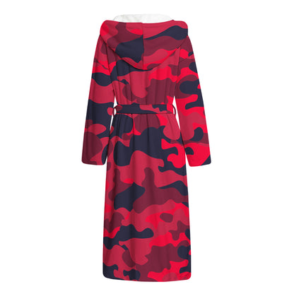 Red Pink And Black Camouflage Print Hooded Bathrobe