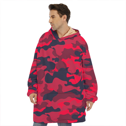 Red Pink And Black Camouflage Print Hoodie Blanket