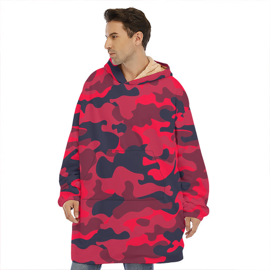 Red Pink And Black Camouflage Print Hoodie Blanket