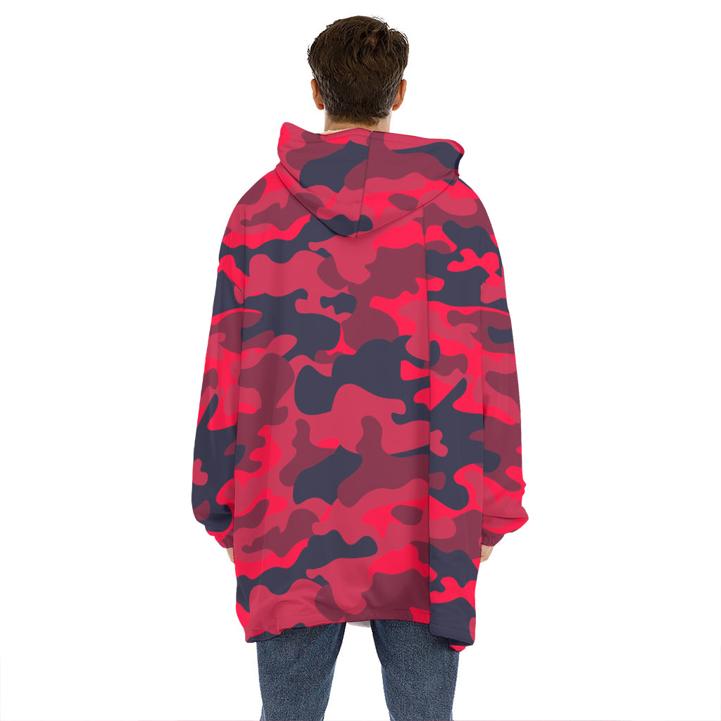 Red Pink And Black Camouflage Print Hoodie Blanket