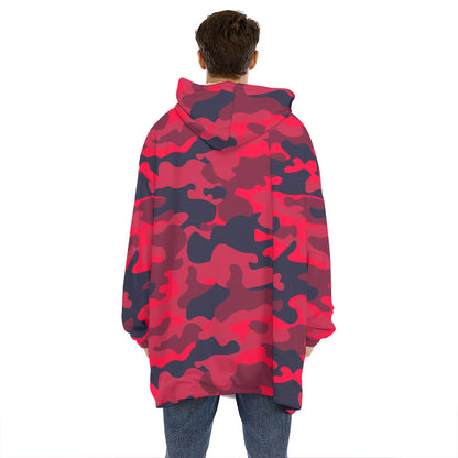 Red Pink And Black Camouflage Print Hoodie Blanket