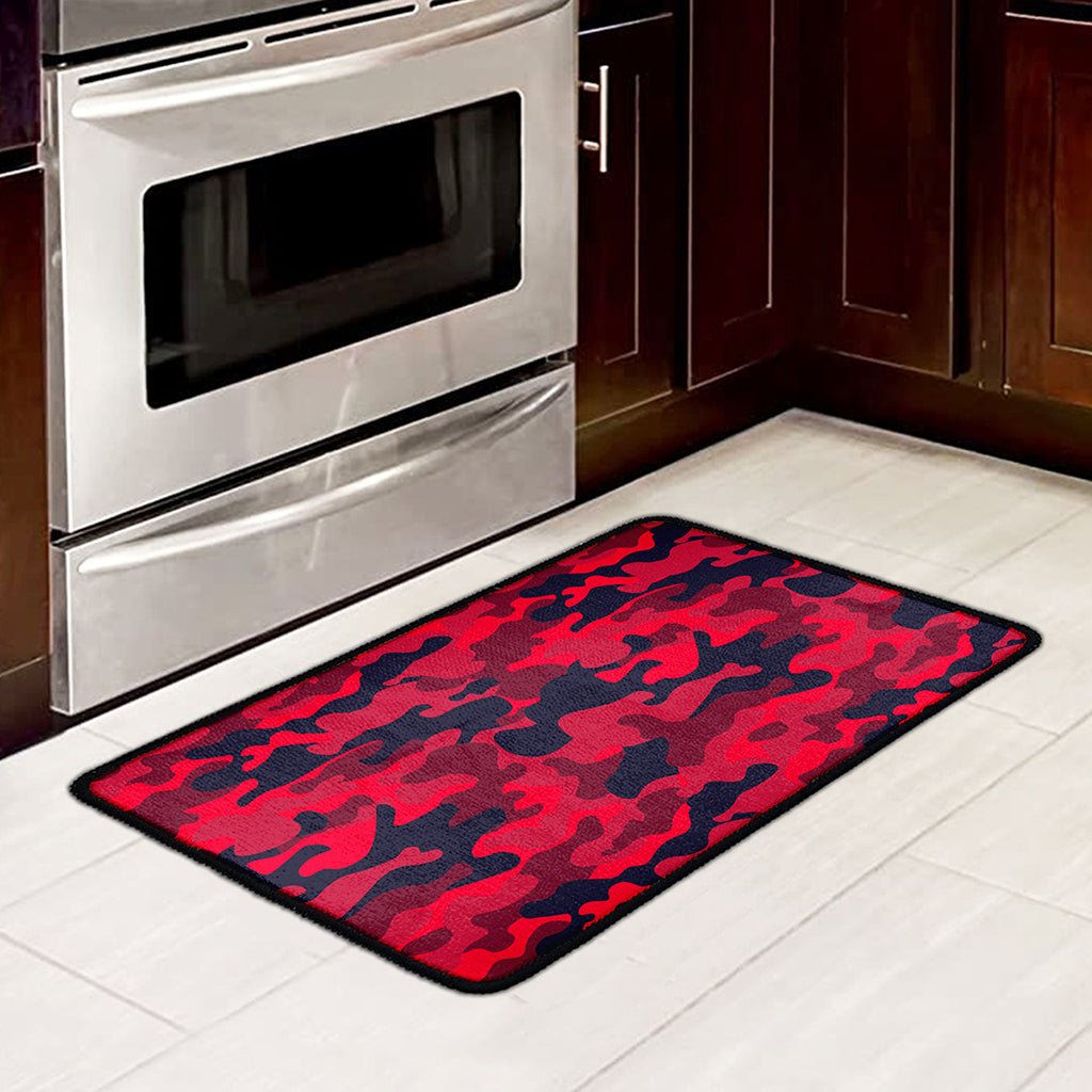 Red Pink And Black Camouflage Print Kitchen Mat