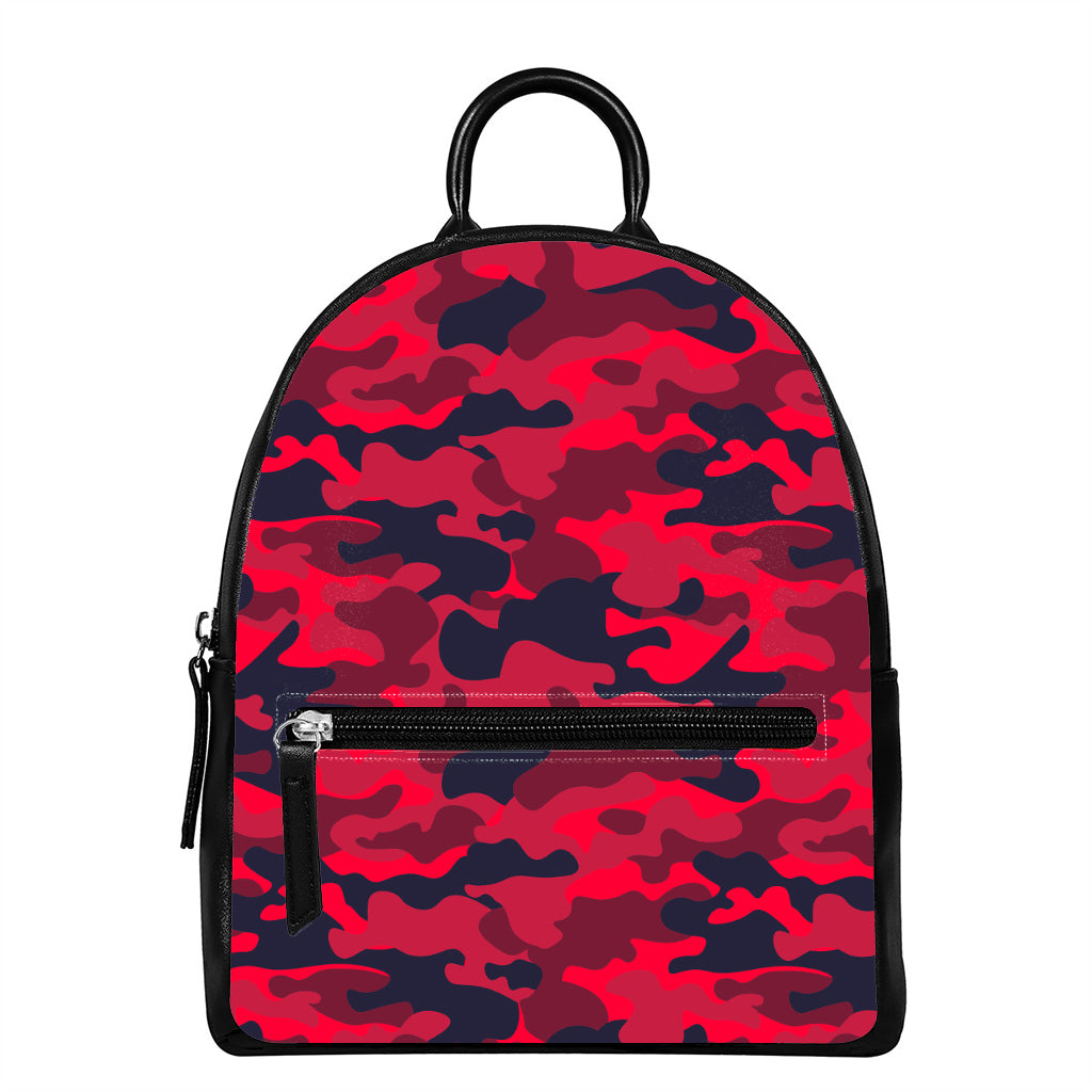 Red Pink And Black Camouflage Print Leather Backpack