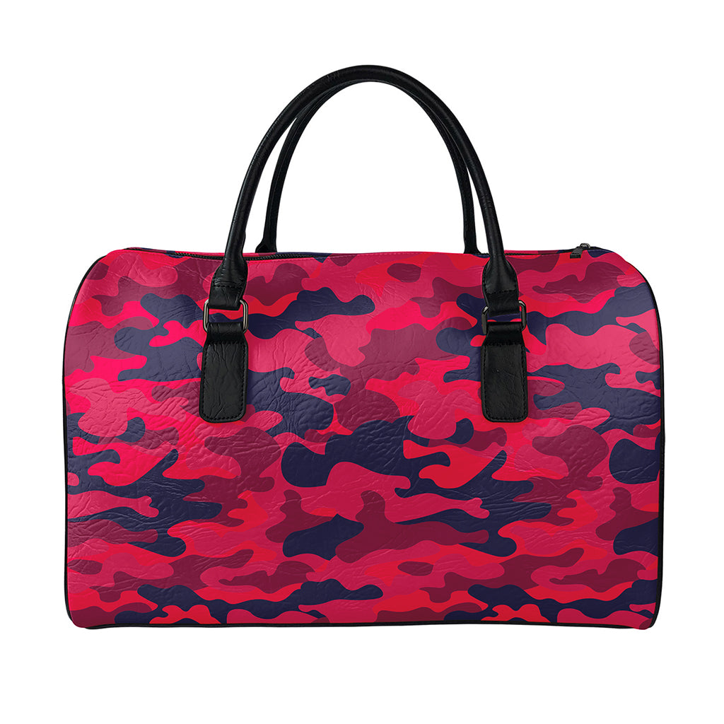 Red Pink And Black Camouflage Print Leather Duffle Bag