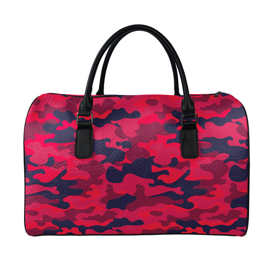Red Pink And Black Camouflage Print Leather Duffle Bag