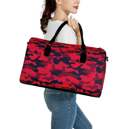Red Pink And Black Camouflage Print Leather Duffle Bag