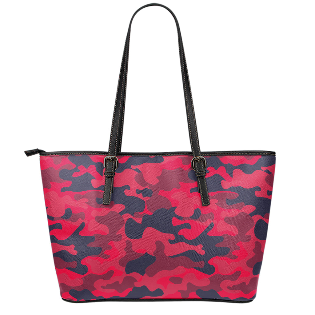 Red Pink And Black Camouflage Print Leather Tote Bag