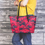 Red Pink And Black Camouflage Print Leather Tote Bag