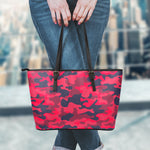 Red Pink And Black Camouflage Print Leather Tote Bag