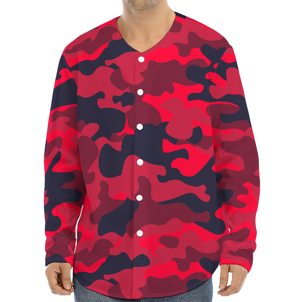 Red Pink And Black Camouflage Print Long Sleeve Baseball Jersey