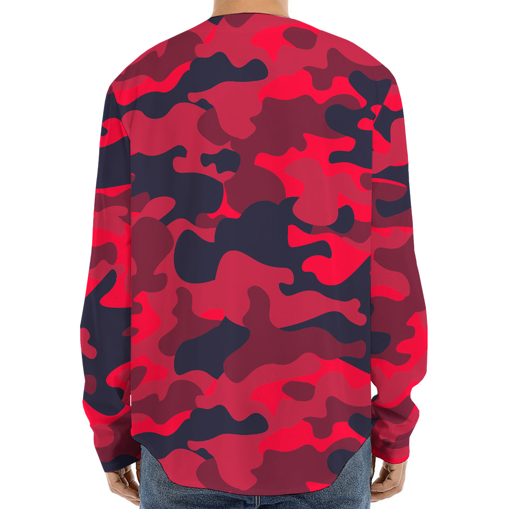 Red Pink And Black Camouflage Print Long Sleeve Baseball Jersey