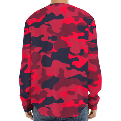 Red Pink And Black Camouflage Print Long Sleeve Baseball Jersey