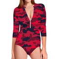 Red Pink And Black Camouflage Print Long Sleeve Swimsuit