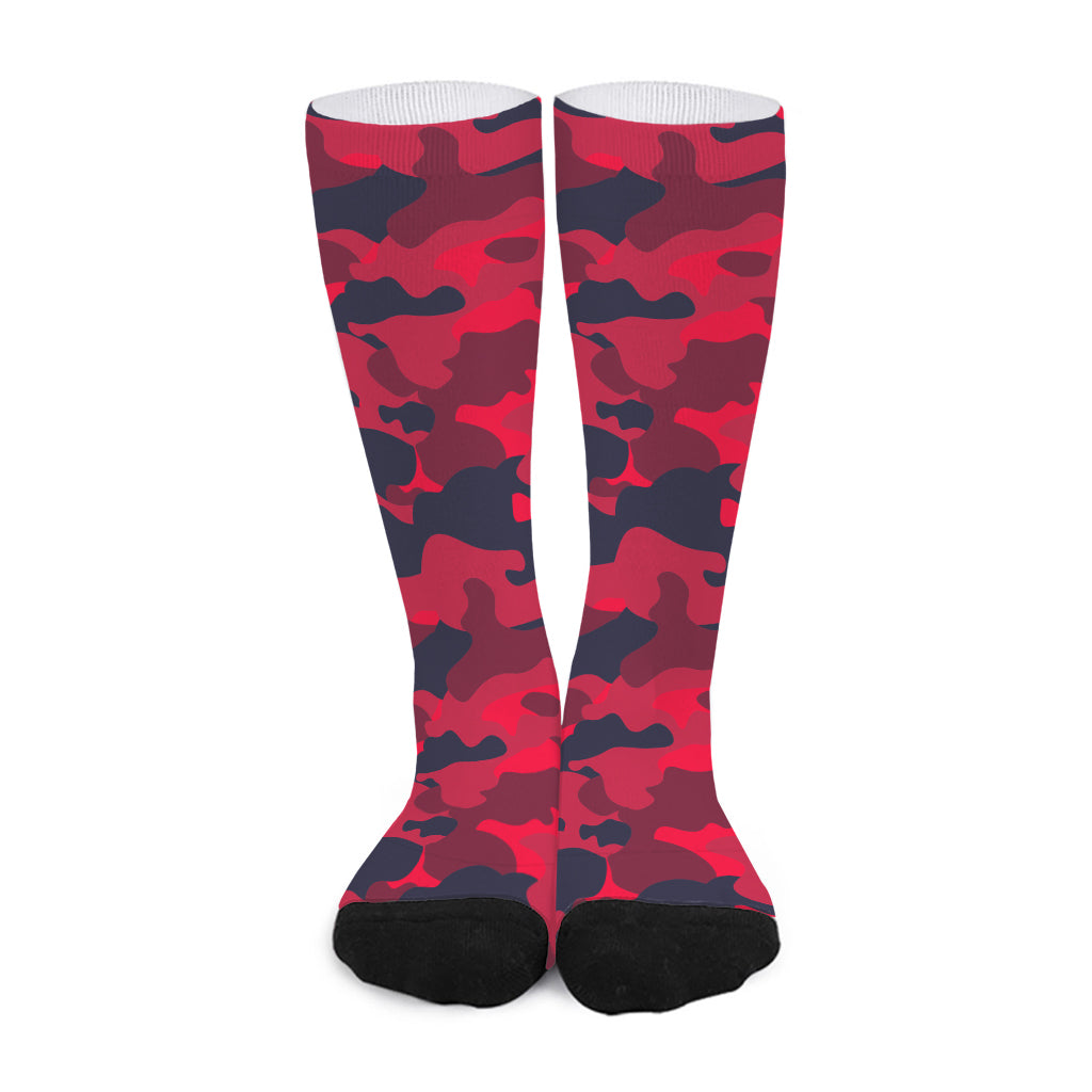 Red Pink And Black Camouflage Print Long Socks