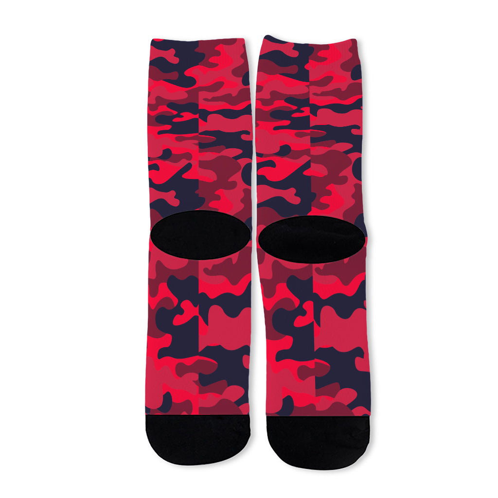 Red Pink And Black Camouflage Print Long Socks