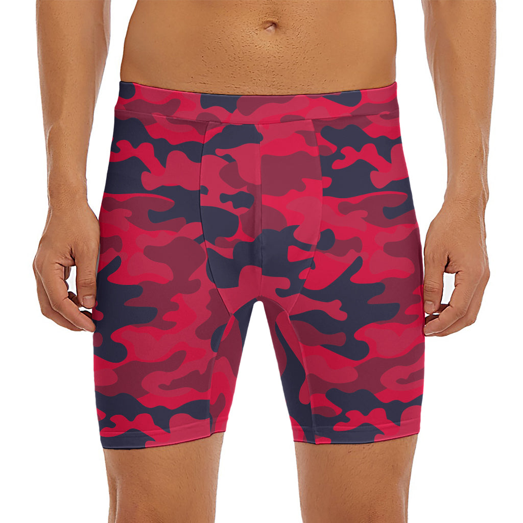 Red Pink And Black Camouflage Print Men's Long Boxer Briefs