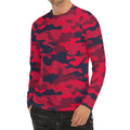 Red Pink And Black Camouflage Print Men's Long Sleeve Rash Guard