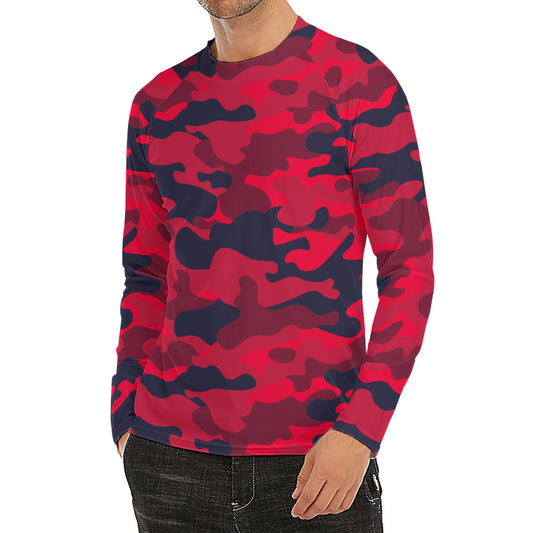 Red Pink And Black Camouflage Print Men's Long Sleeve Rash Guard