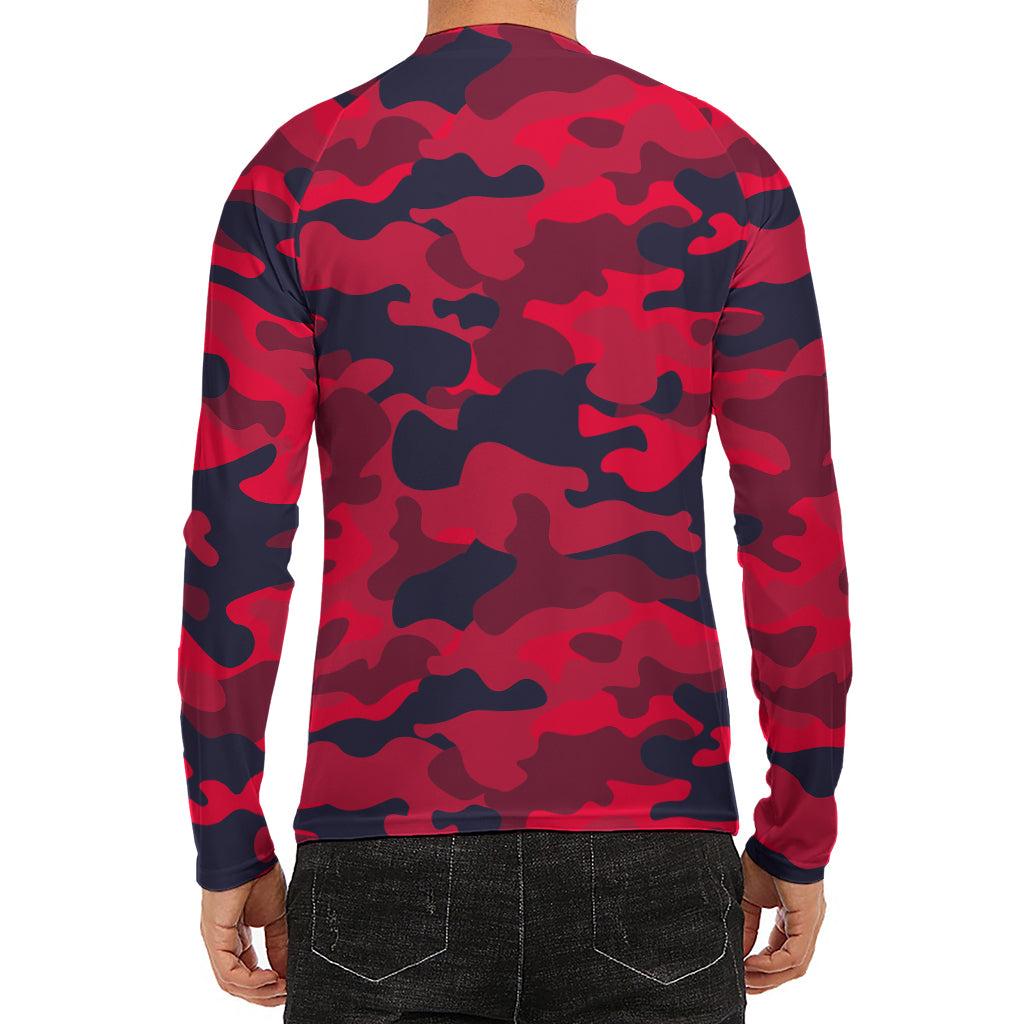 Red Pink And Black Camouflage Print Men's Long Sleeve Rash Guard