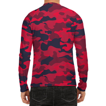 Red Pink And Black Camouflage Print Men's Long Sleeve Rash Guard