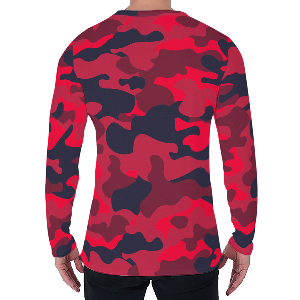 Red Pink And Black Camouflage Print Men's Long Sleeve T-Shirt