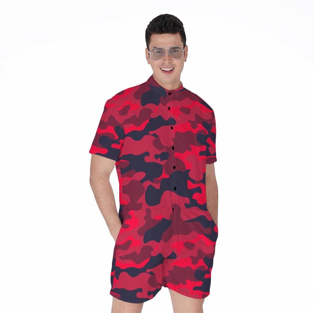 Red Pink And Black Camouflage Print Men's Rompers